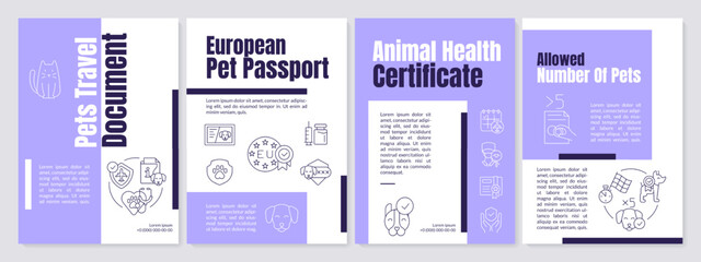 Pets travel document purple brochure template. Animal passport. Leaflet design with linear icons. Editable 4 vector layouts for presentation, annual reports. Anton-Regular, Lato-Regular fonts used