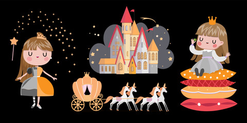 fairy tale set with princesses on the black background