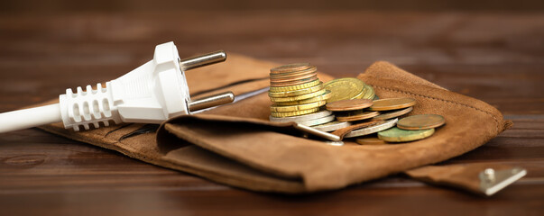 Electrical plug with a wallet and euro money coins. Saving energy, electricity, save power or energy crisis banner.