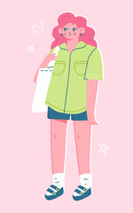 Cute girl wearing a shirt, shorts, sandals and socks. Vector illustration of trendy female fashion. Stylish young woman in casual outfit in colorful flat style.