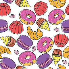 Seamless pattern with sweet and tasty dessert in hand draw style donut, croissant, macarons, cupcake, pudding. Vector illustration.