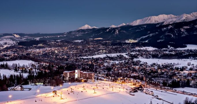 Zakopane ski lift aerial hyperlapse day to night.
