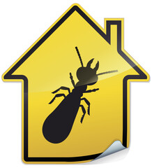 Sticker with the shape of a yellow house with the silhouette of a termite that infects a building (metal reflection)