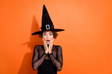 Photo portrait of gprgeous young lady arms touch cheeks impressed wear stylish black halloween...