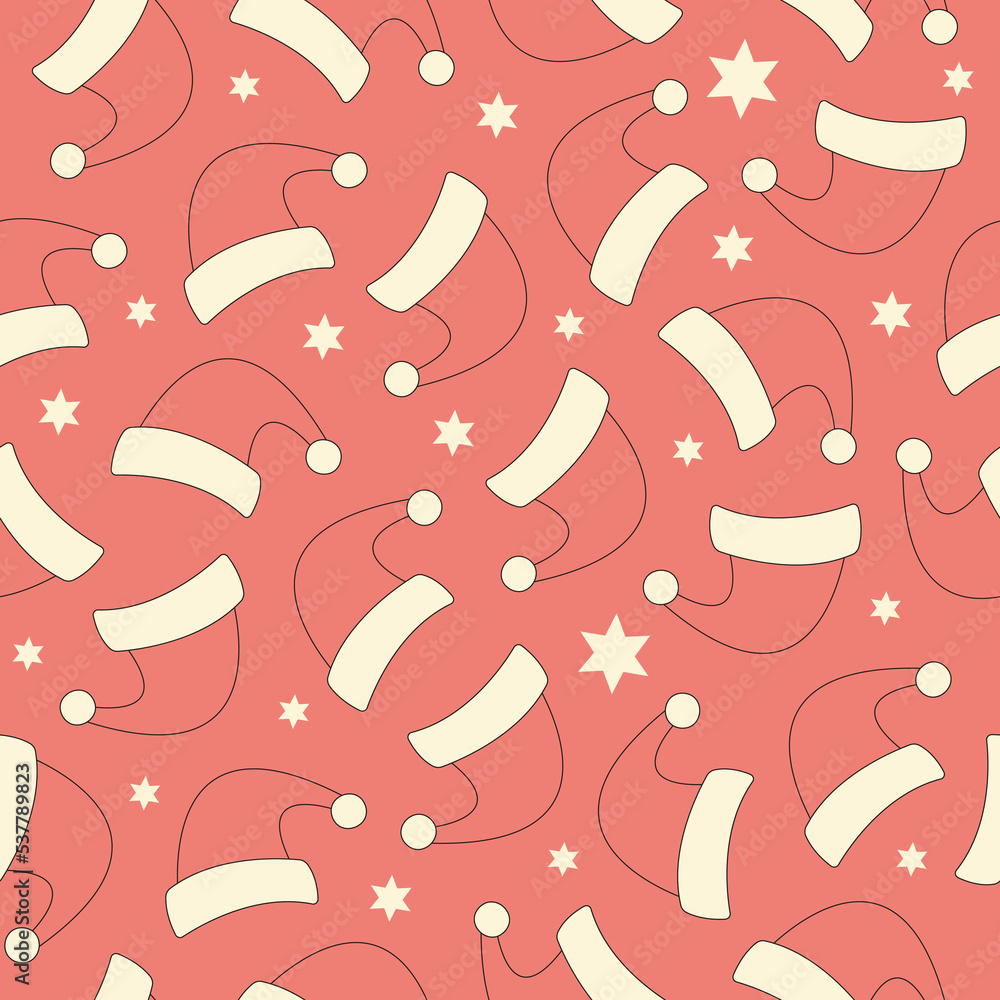 Poster Seamless pattern with Santa Claus hat on a red background. Christmas monochrome design in style retro 70s, 80s. Vector illustration