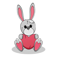 Cute plush rabbit with heart, toy, print for nursery, baby shower, greeting card and baby t-shirts and clothes, hand drawn illustration of a child