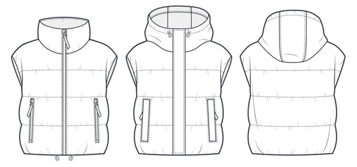 Cropped Down Jacket Vest technical fashion Illustration.  Hooded Puffer Jacket Vest technical drawing template, sleeveless, pocket, front and back view, white, women, men, unisex CAD mockup set. © Liubov Hladka