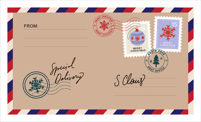 Christmas envelope with stamps, seals and inscriptions to santa claus. Special Delivery.