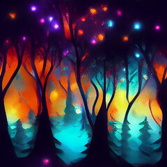 Obraz premium Colorful Dark Night Fairytale Fantasy Forest Landscape with Magical Glows, Abstract forest with Magic Fantasy Neon Lights Night Atmosphere, Fairy Tale Forest Concept