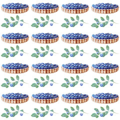 seamless pattern of watercolor images of blueberry pie and blueberry branches