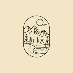 Mountains with forest and lake landscape flat vector illustration, for camping and hiking, Extreme sports, outdoor adventure, with recreation place
