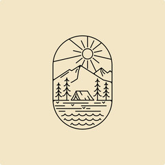 Forest Adventure, Summer Camp Badge Vector line art Logo Template design