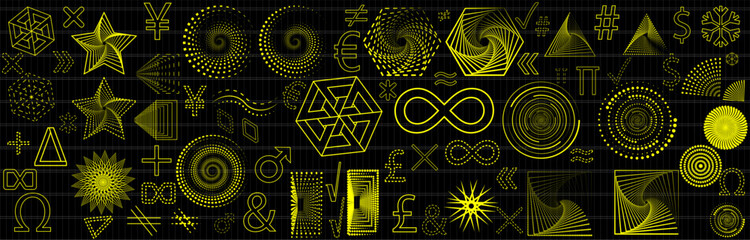 Trendy minimalist elements set with icons and digital shapes for apparel, t-shirt, merch, posters, covers, flyers.  retro elements for web, vintage, advertisement, commercial banner, poster, leaflet, 