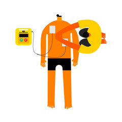 Illustration of a cardiopulmonary Resuscitation with an automatic external defibrillator by one person.