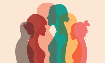 Dialogue people profile. Group of isolated coloured cartoon Character people talking. Multiple exposure, Conference or debate. Discussion or comparison between friends. 