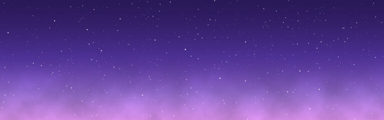 Purple clouds. Night sky with stars. Fantasy color wide background. Starry cosmic texture. Magic color wallpaper. Realistic soft clouds. Vector illustration