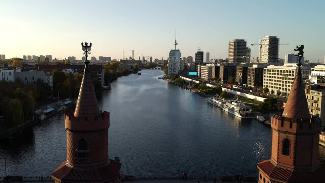 Aerial view on Berlin city center and the famous Oberbaum bridge during sunset