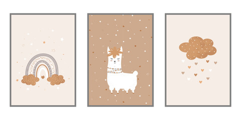 Poster set for children's room with cute cloud, llama and rainbow in brown, beige colours. Children's illustration, vector © IVONINA