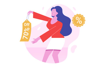 Happy Woman Gets 70% Shopping Discount Vector Illustration