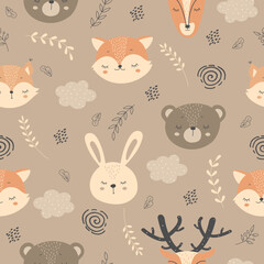 Seamless pattern with forest animals in brown autumn colours and leaves. Vector children's illustration for textiles, clothing prints