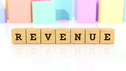 Letters REVENUE carved on cube wood reflected on the bright table. Business concept. In the back are colorful cuboids in various shapes. (3D rendering)