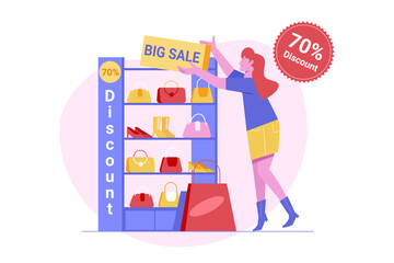 Happy Woman Gets 70% Shopping Discount Vector Illustration