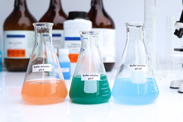 Buffer solution in glass, chemical in the laboratory and industry