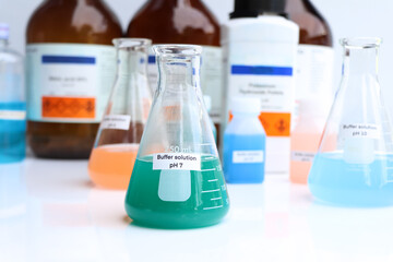 Buffer solution in glass, chemical in the laboratory and industry