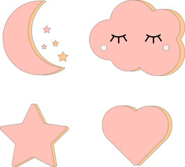 A collection of 4 children's icons: the moon with stars, a star, a cloud and a heart.