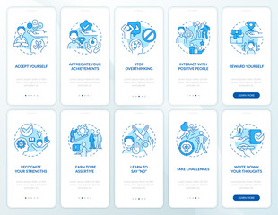 Overcoming lack of confidence blue onboarding mobile app screen set. Walkthrough 5 steps editable graphic instructions with linear concepts. UI, UX, GUI template. Myriad Pro-Bold, Regular fonts used