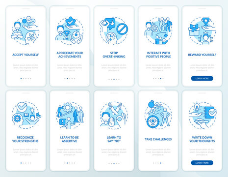 Overcoming lack of confidence blue onboarding mobile app screen set. Walkthrough 5 steps editable graphic instructions with linear concepts. UI, UX, GUI template. Myriad Pro-Bold, Regular fonts used