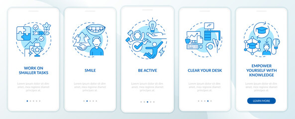 Boost self confidence at work blue onboarding mobile app screen. Walkthrough 5 steps editable graphic instructions with linear concepts. UI, UX, GUI template. Myriad Pro-Bold, Regular fonts used