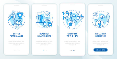 Benefits of confidence blue onboarding mobile app screen. Positivity walkthrough 4 steps editable graphic instructions with linear concepts. UI, UX, GUI template. Myriad Pro-Bold, Regular fonts used