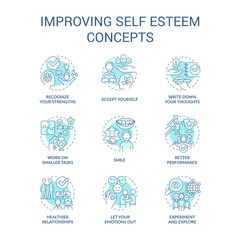 Improving self esteem turquoise concept icons set. Psychological support. Mental health idea thin line color illustrations. Isolated symbols. Editable stroke. Roboto-Medium, Myriad Pro-Bold fonts used