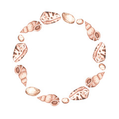 Wreath of shells and pebbles. Watercolor illustration. Isolated on a white background.