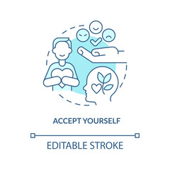 Accept yourself turquoise concept icon. Self love. Overcoming lack of confidence abstract idea thin line illustration. Isolated outline drawing. Editable stroke. Arial, Myriad Pro-Bold fonts used