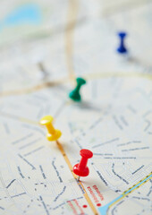 Various colored pins on map