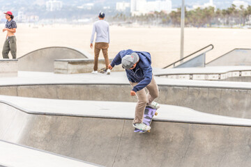 Concrete ramps and palm trees at the popular Venice beach skateboard park in Los Angeles, California