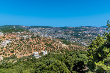 Fototapeta na wymiar A view across the valley below Ajloun Castle, Jordan in summertime