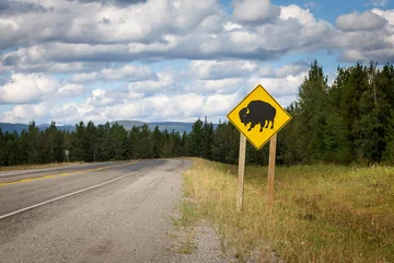 Fotobehang Traffic sign warning Animal bison sheep crossing on yellow and black frame in autumn with northern rocky mountains in background, British Columbia, Canada © sg-naturephoto.com 