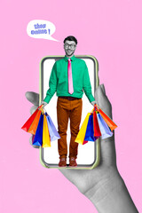 Creative photo 3d collage poster postcard artwork arm hold telephone guy inside screen display online shop isolated on drawing background
