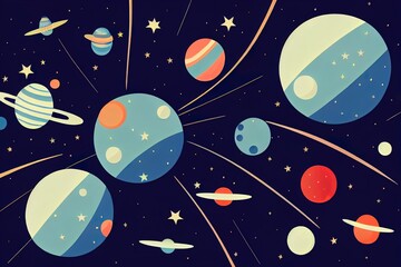 2d space background with copy space. Cute flat style template with Stars in Outer space. - obrazy, fototapety, plakaty