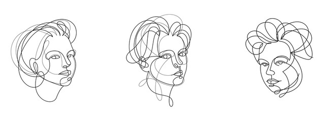 Woman beauty face vector linear illustrations set, delicate line art of attractive girl portraits collection, abstract feminine drawings minimal style isolated.