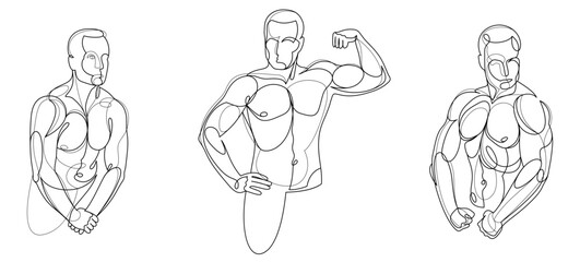 Athletic man torso vector linear illustrations set, male beauty with perfect muscular fit body posing, artistic drawings of fitness model.