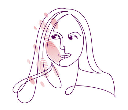 recommend clip art: Beautiful face of attractive woman vector linear drawing, sensitive emotional line art adult girl portrait, feminine abstract face line art.