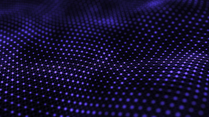 Digital wave with dots and lines on the dark background. The futuristic abstract structure of network connection. Big data visualization. 3D rendering.