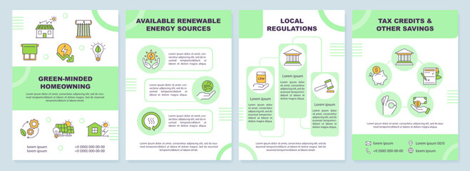Renewable energy at home brochure template. Eco house. Leaflet design with linear icons. Editable 4 vector layouts for presentation, annual reports. Arial-Black, Myriad Pro-Regular fonts used
