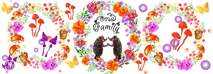 Forest motifs, hedgehog family with flowers, butterflies, mushroom. Celebration, Holiday, Easter, Valentines day, wedding pattern.