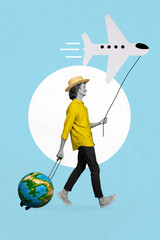Vertical collage picture of walking guy black white gamma arm hold string mini airplane globe...