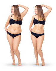 Young woman before and after weight loss. Health care concept.